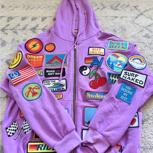 Aviator Nation VINTAGE PATCH ZIP HOODIE RELAXED & JOGGERS- NEON PURPLE - Picture 2 of 10